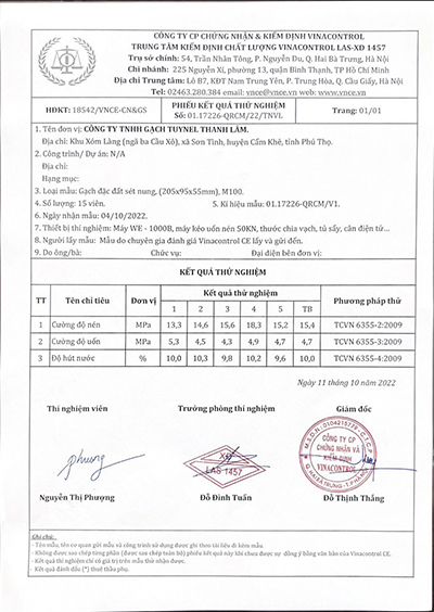 Chứng nhận chất lượng - Gạch Tuynel Thanh Lâm - Công Ty TNHH Gạch Tuynel Thanh Lâm